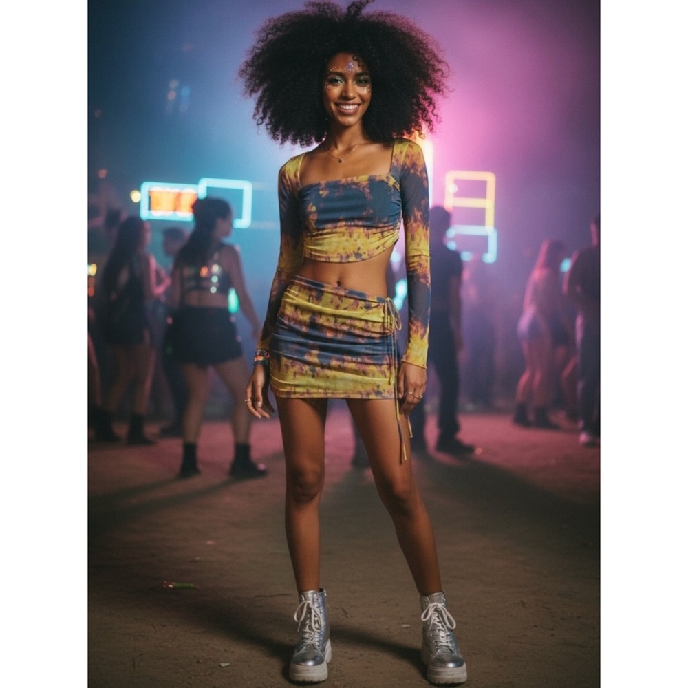 NEW Urban Outfitters Casey Cut Out Fire Print Y2K Mesh Crop Top & Skirt Set XL